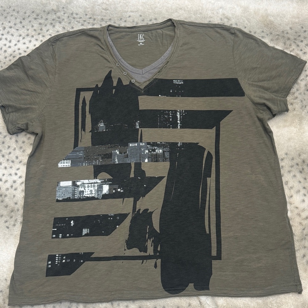 INC International Concepts Olive Graphic V-Neck Tee